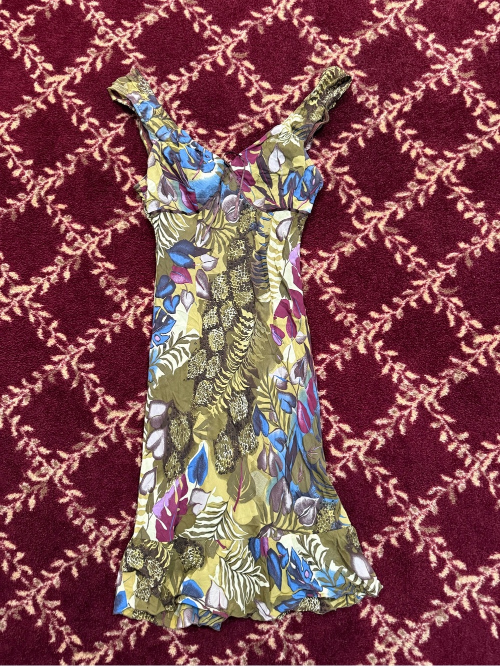 Olive Botanical Print V-Neck Slip Dress